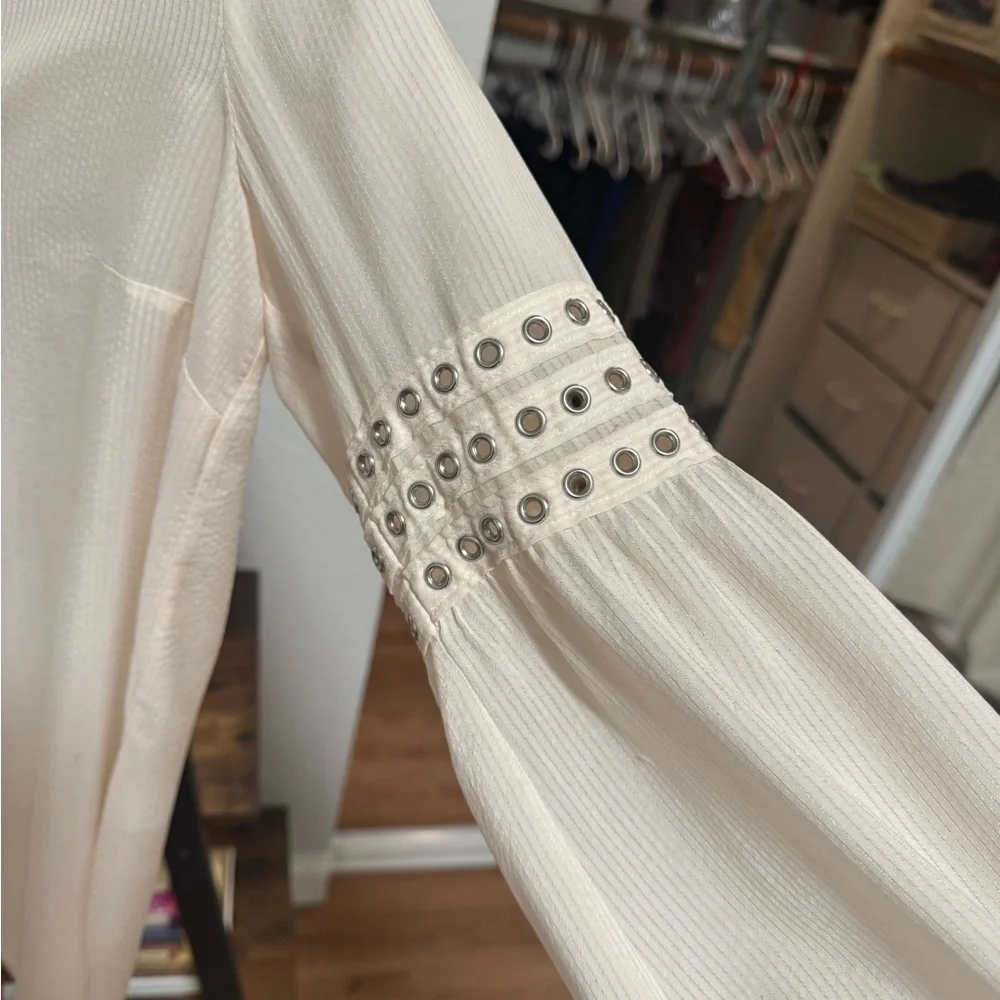 Veronica Beard Silk Blouse Cream Studded Trim Long Sleeve Boho Top - Picture 5 of 11